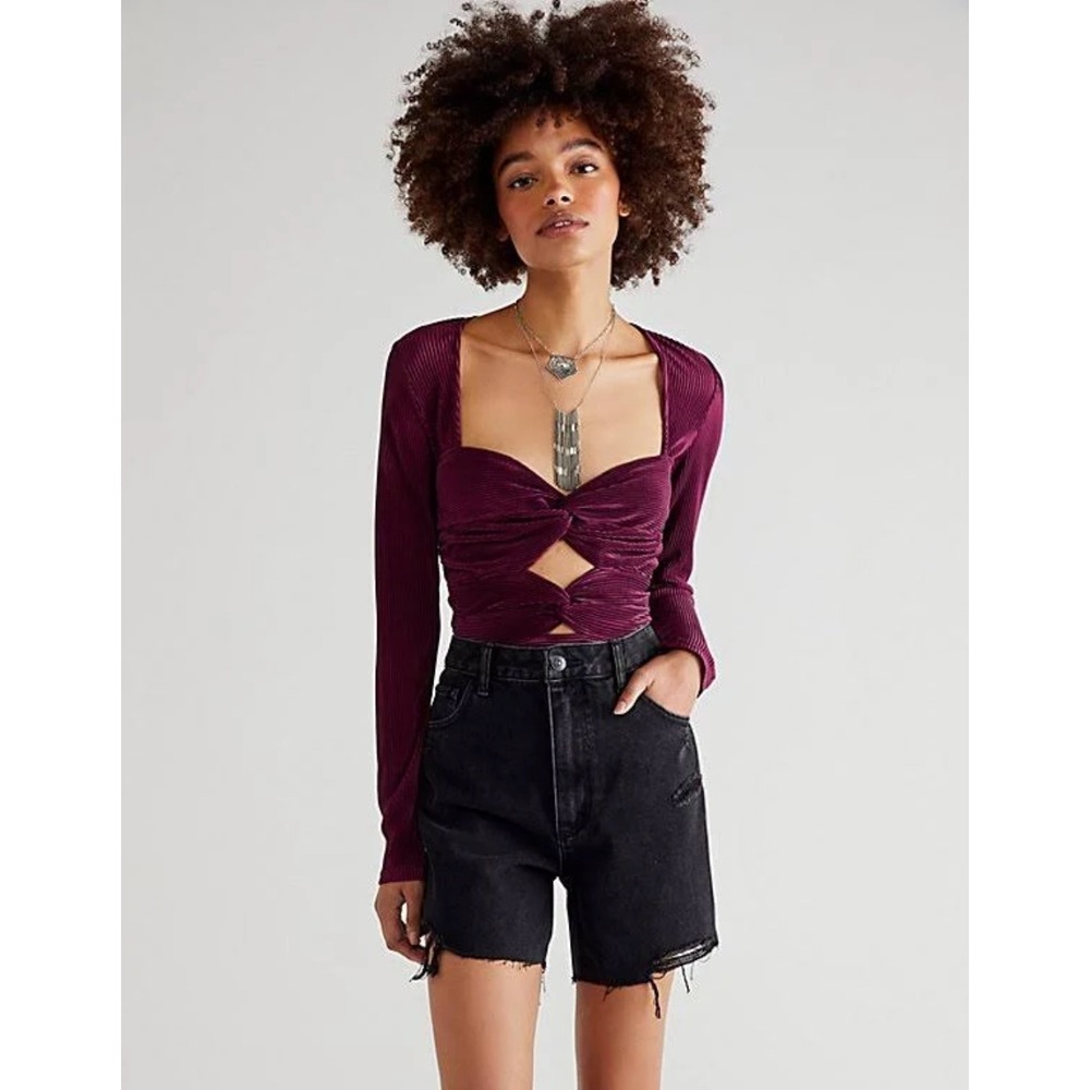 Free People | Leah Twist Tube Top Burgundy Cutout Long Sleeve | Sz M